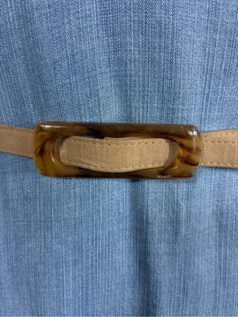 Womens belt 34” Tan fabric covered Tortoiseshell Rectangular Buckle 70s vibe